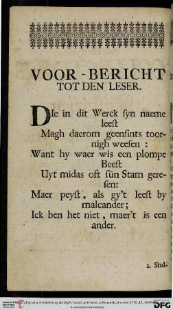 Voor-Bericht tot den Leser