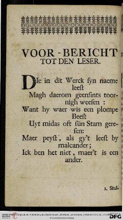 Voor-Bericht tot den Leser