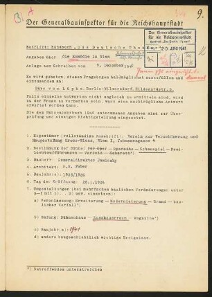 Komödie, Wien: Fragebogen für das Handbuch »Das Deutsche Theater«, vierseitiges Dokument