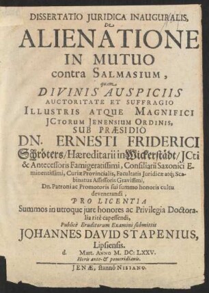 Dissertatio Iuridica Inauguralis, De Alienatione In Mutuo contra Salmasium