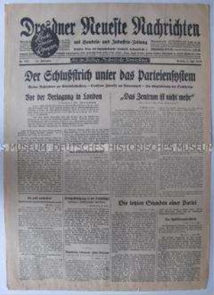 Titelblatt der "Dresdner Neueste Nachrichten" zur Auflösung der Parteien