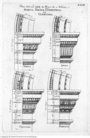 L'Academia Todesca della Architettura, Scultura e pittura: Oder Teutsche Academie der Edlen Bau- Bild- und Mahlerey-Künste:..., 1. Teil, 1. Buch, Tafel XXIII: Obere Theil und Aufsatz der Bögen der 4 Ordinen Dorica, Ionica, Corinthia und Composita