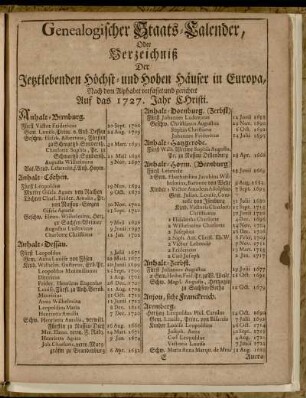 Genealogischer Staats-Calender, Oder Verzeichniß Der Jetztlebenden Höchst- und Hohen Häuser in Europa,[...]