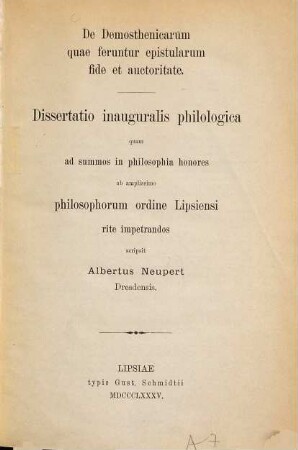 De Demosthenicarum quae feruntur epistularum fide et auctoritate