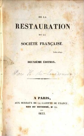 De la restauration de la societé française