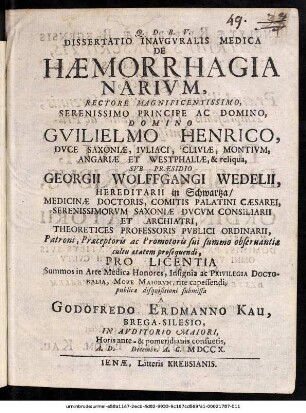 Dissertatio Inavgvralis Medica De Hæmorrhagia Narivm