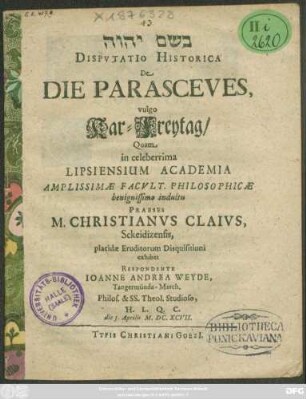 Disputatio Historica De Die Parasceues, vulgo Kar-Freytag