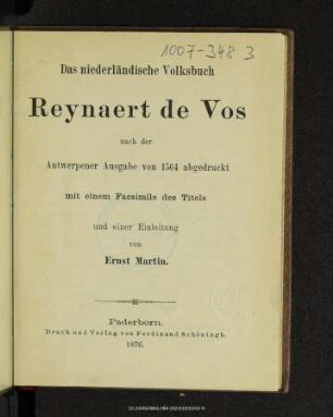 Das niederländische Volksbuch Reynaert de Vos