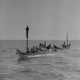 Fischerboote im Hafen von Nessebar. Heimkehrende Küstenfischer auf dem Schwarzen Meer, an der Bucht von Burgas