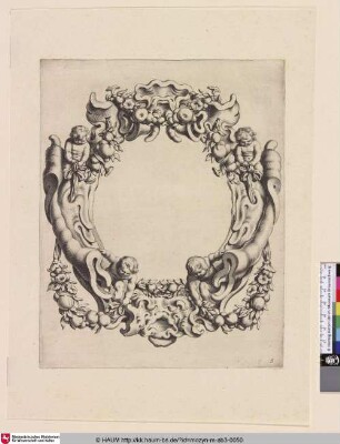 [Kartusche mit Kindern und Girlanden; Cartouche met kwabornament, boven en onder een masker]