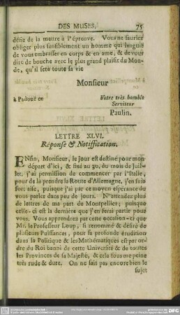 Lettre XLVI. Response & Notiffication