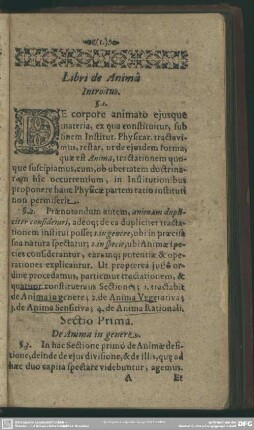 Sectio Prima. De Anima in genere