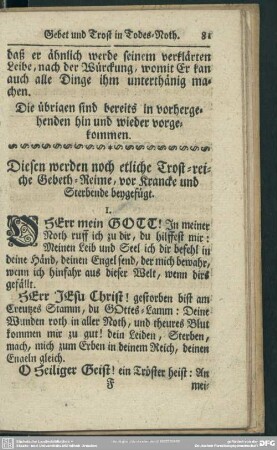 [8.] Diesen werden noch etliche Trost-reiche Gebeth-Reime, vor Krancke und Sterbende beygefügt