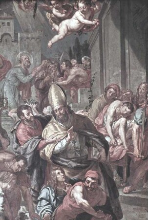 Der heilige Valentin heilt einen Kranken (hinten die Enthauptung des heiligen Maximilian)