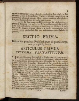 Sectio Prima. Referuntur præcipua Philosophorum de primis corporum principiis Systemata.