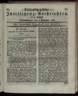 XLI. Stück. Sonnabends: den 9. October, 1784.