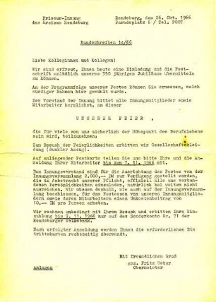 RUNSCHREIBEN 14/66, FRISEUR-INNUNG KREIS RENDSBURG
