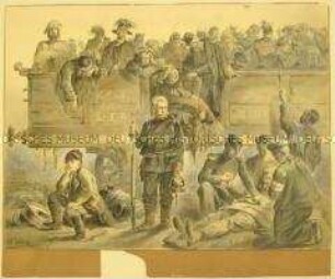Militärdarstellung, Verwundetentransport mit preußischen, österreichischen und sächsischen Soldaten, Sachsen, 1866.