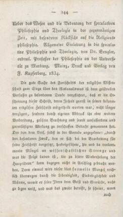 144-192 [Rezension] Sengler, Jakob, Über das Wesen und die Bedeutung der speculativen Philosophie und Theologie in der gegenwärtigen Zeit