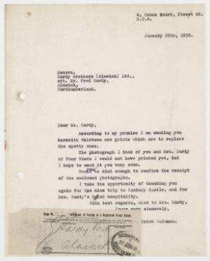Brief aus London an Hardy Brothers Ltd, Fred Hardy, Alnwick