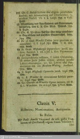 Classis V. Historica; Numismatica; Antiquaria