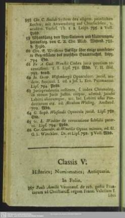 Classis V. Historica; Numismatica; Antiquaria
