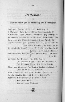 Personale des Frauenvereins zur Unterstützung der Armenpflege.