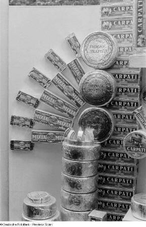 Verschiedene Käse der rumänischen Sektion auf der Leipziger Herbstmesse 1954