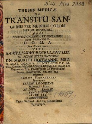 Theses Medicae De Transitu Sanguinis Per Medium Cordis Septum Impollibili