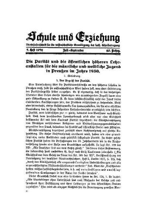 Die Parität und die öffentlichen höheren Lehranstalten für die männliche und weibliche Jugend in Preußen in Jahre 1930