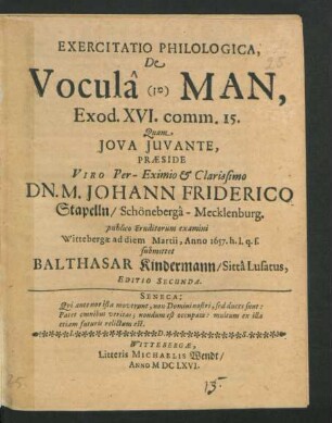 Exercitatio Philologica, De Vocula ([...]) Man, Exod. XVI. comm. 15.