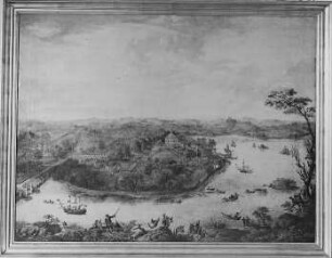 Schloss Moritzburg. Vogelschau des Areals am Großteich mit der Fasanerie und dem Fasanenschlösschen