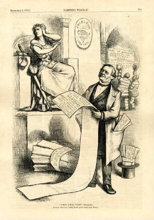 "Words, words, words." - Shakespeare. Justice. "Governor Tilden, Deeds speak louder than Words." : Gouverneur Tilden hält Justitia einen Vortrag über die von ihm beabsichtigten Reformmaßnahmen