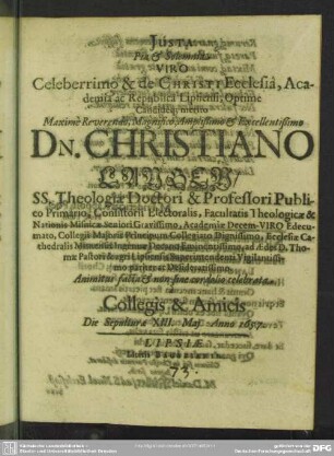 Iusta pia & solemnia viro ... Christiano Langen ... celebrata collegis & amicis ... 1657