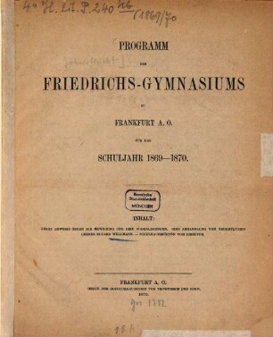 Programm des Königlichen Friedrichs-Gymnasiums zu Frankfurt an der Oder, 1869/70