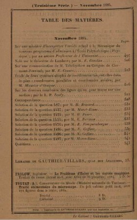 Table des matières. Novembre 1884.