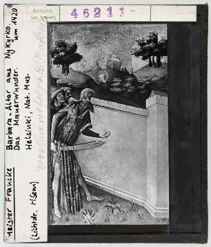 Meister Francke: Barbara-Altar, Dioskur verfolgt die Heilige, Mauerwunder.Helsingfors (Helsinki), Museum