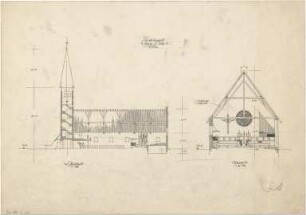 Gsaenger, Gustav; München - Solln; Ev. Apostel Kirche, Pfarrhaus und Jugendheim - Längsschnitt, Querschnitt