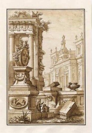 Architekturphantasie mit einer Skulptur in Anlehnung an die römische Bocca della Verità, aus den "Disegni di Prospettiva Ideale", Bl. 39