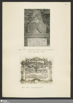 Abb. 125 Bautzen, Grabstein des Müllers Peter Kappler, 1785. - Abb. 126 Gesellenbrief