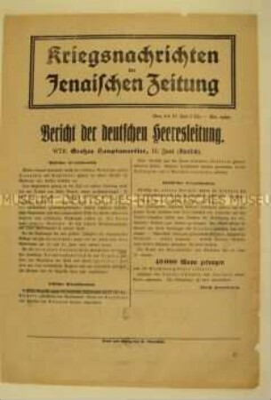 Nachrichtenblatt der "Jenaischen Zeitung" zum Kriegsverlauf an der West- und Ostfront