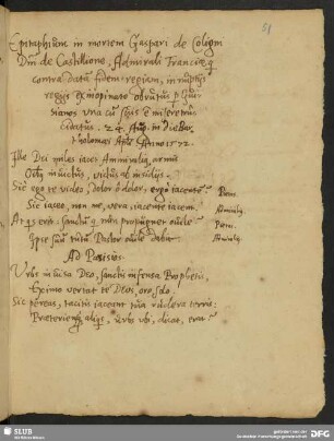 [Epitaph für Gaspard II. de Coligny (1519-1572).]