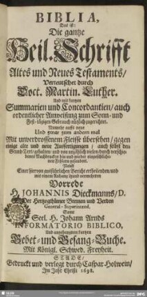 Biblia, Das ist: Die gantze Heil. Schrifft Altes und Neues Testaments