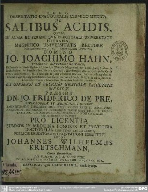 Dissertatio Inauguralis Chimico-Medica, De Salibus Acidis