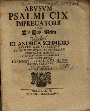 Abvsvm Psalmi CIX Imprecatorii vulgo Das Tod-Beten