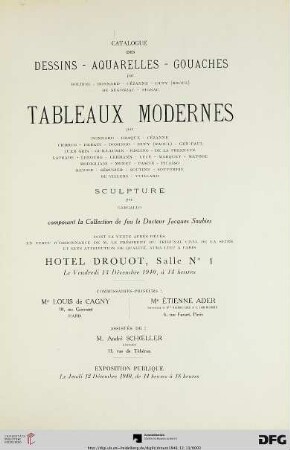 Catalogue des dessins, aquarelles, gouaches : par Boldini, ... ; tableaux modernes ... ; sculpture par Gargallo ; composant la Collection de feu le Docteur Jacques Soubies ; 13 décembre 1940