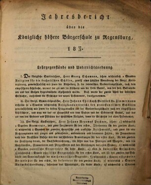 Jahresbericht über die Königliche Höhere Bürgerschule zu Regensburg : für das Studienjahr .... 1822/23