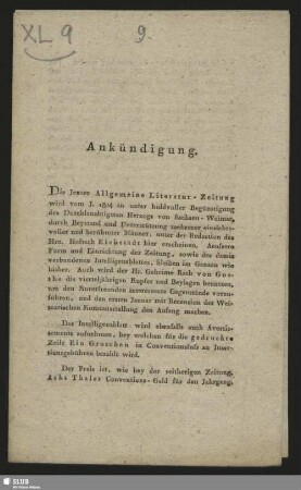 9) Ankündigung der Unternehmer der Allgemeinen Literatur-Zeitung. Jena, 30. Sept. 1803.