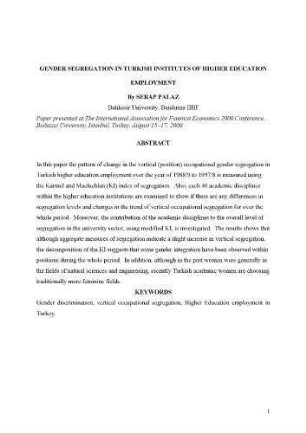 Gender segregation in the Turkish Institutes of Higher Education Employment