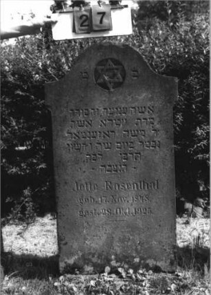 Grabstein 27 (Index: 100113824) Material: Sandstein Zustand: Inschrift schlecht lesbar Maße HxBxT: 116x60x19 cm Beschreibung: Stele mit Ohren und Karniesbogen Symbolik: Davidstern: Grabstein 27